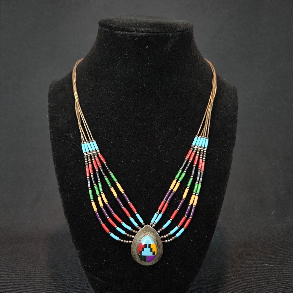 Southwest Sterling Multi-Strand Colorful Inlay Pendant Hallmark SE Necklace 19"